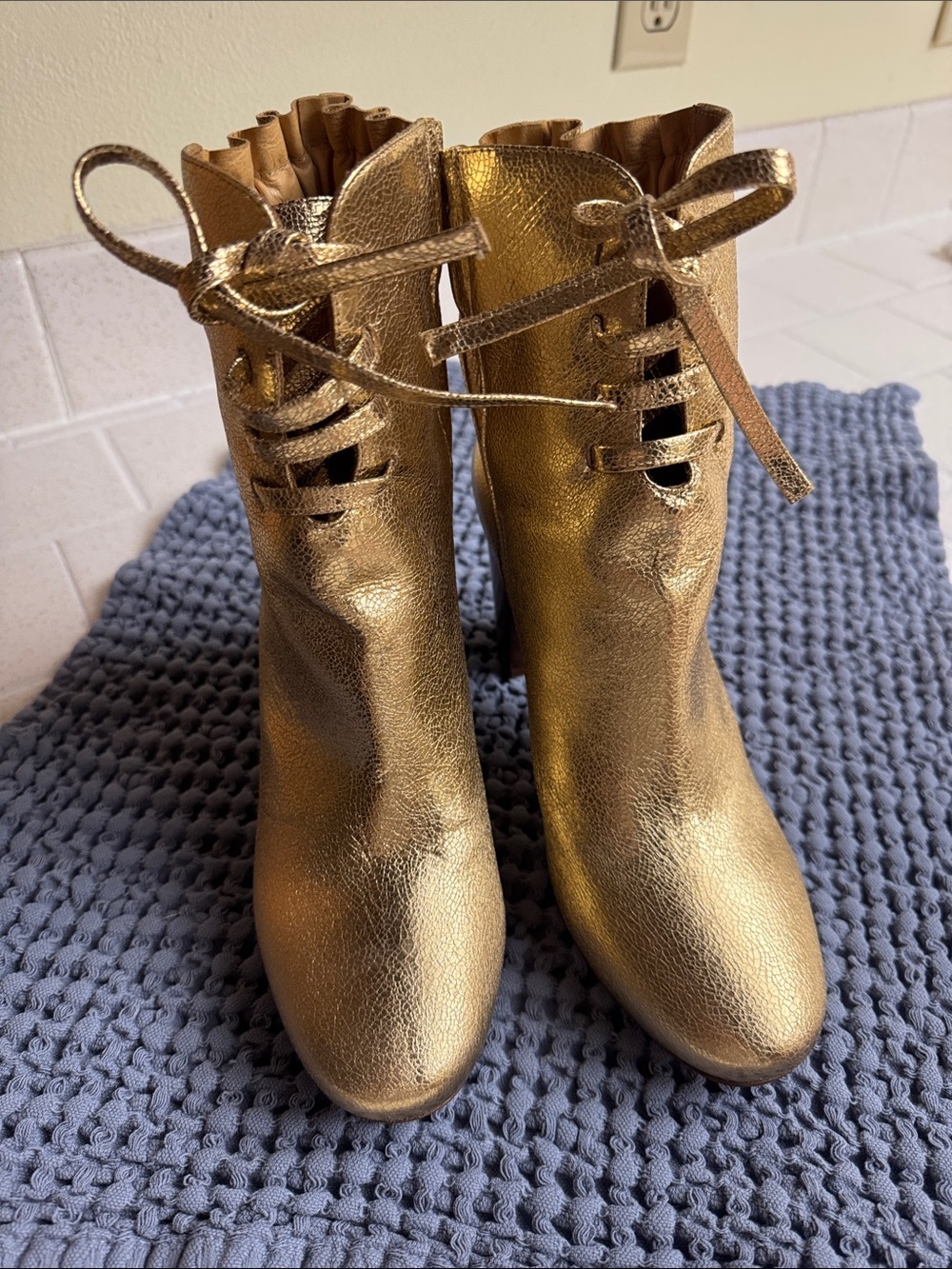 Sezane Caroline Metallic Gold Lace-Up Ankle Boots